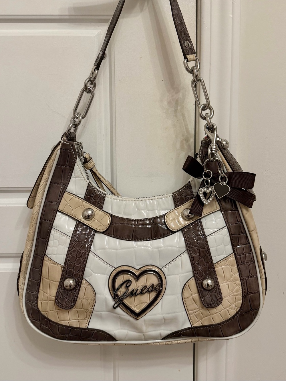 Guess Tri-Panel Croc-Embossed Shoulder Bag in White, Brown & Beige
